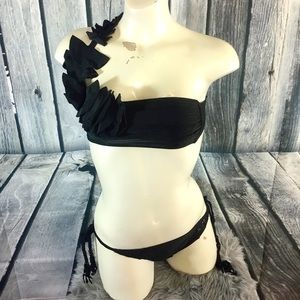 Bikini ruffle tassel bandeau black bikini 👙